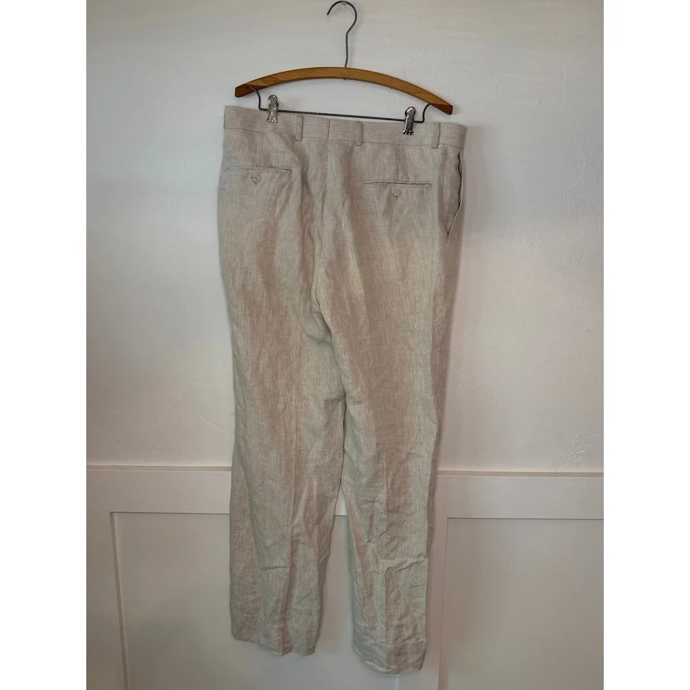 Haspel Mens 100% Linen Oxford Trousers Beige Straight Leg Pants 36 RW